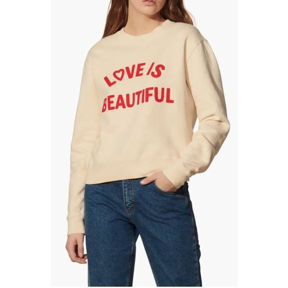 Sandro Love is Beautiful Embroidered Sweatshirt Light Beige Women's Size 1 Small - Picture 1 of 16